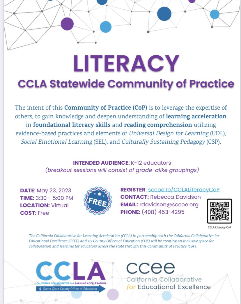 keaton724's tweet photo. Join our Learning Acceleration Literacy Community of Practice!  Connect with TK-12th grade educators across the state on May 23rd! https://t.co/G3DzuqsvER https://t.co/H3uG8TLhI1