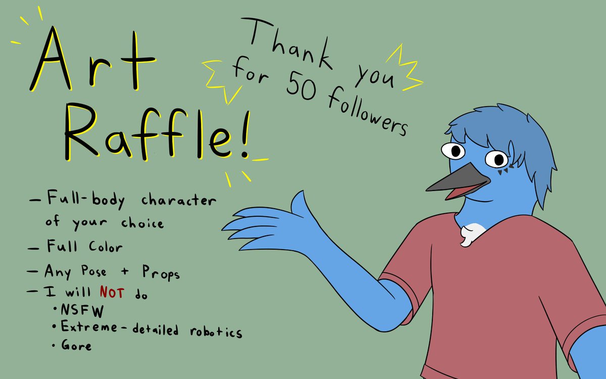 (Exams held me up on announcing this, sorry)

I'm doing a little art raffle to celebrate 50 followers! Woo!

Basic Rules: Follow me, Like, Retweet, and post a reference of your character in the comments.

I plan to pick 5 people for this. Winners will be announced in a week.