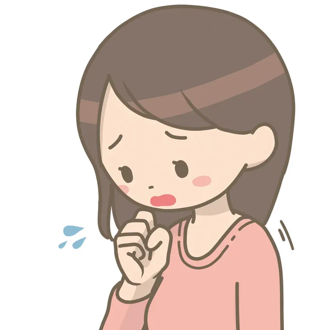軽く咳をする女性のイラストです。 風邪やハウスダストなどで見られる症状の1つです。   #フリーイラスト #フリー素材 #看護師イラスト集  看護師イラスト集 軽く咳き込む女性のイラスト  