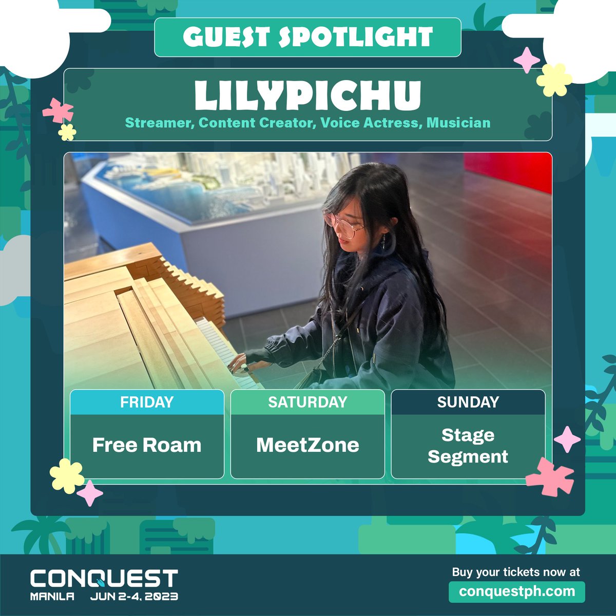 CONQuestPHL's tweet image. LilyPichu is bringing the comfy vibes to Sky Islands ☁️🏝️

Catch @LilyPichu&apos;s fan meet on Day 2 and main stage segment on Day 3 of #CONQuest2023.

#SeeYouInTheSkies ☁️
