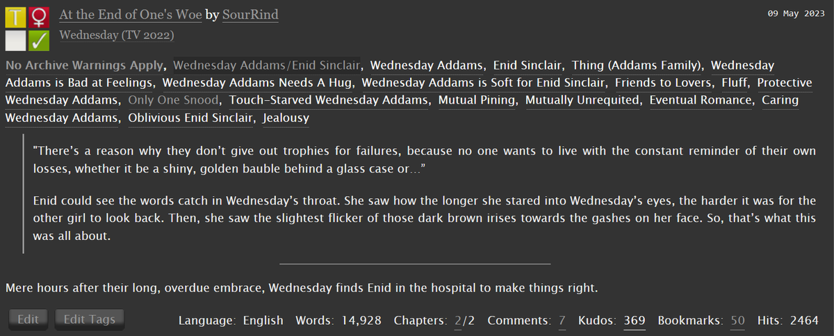 At the End of One's Woe - [Ch. 02] Woe Is She
Wednesday wakes up in Enid's bed and it's a revelation
archiveofourown.org/works/43657140…