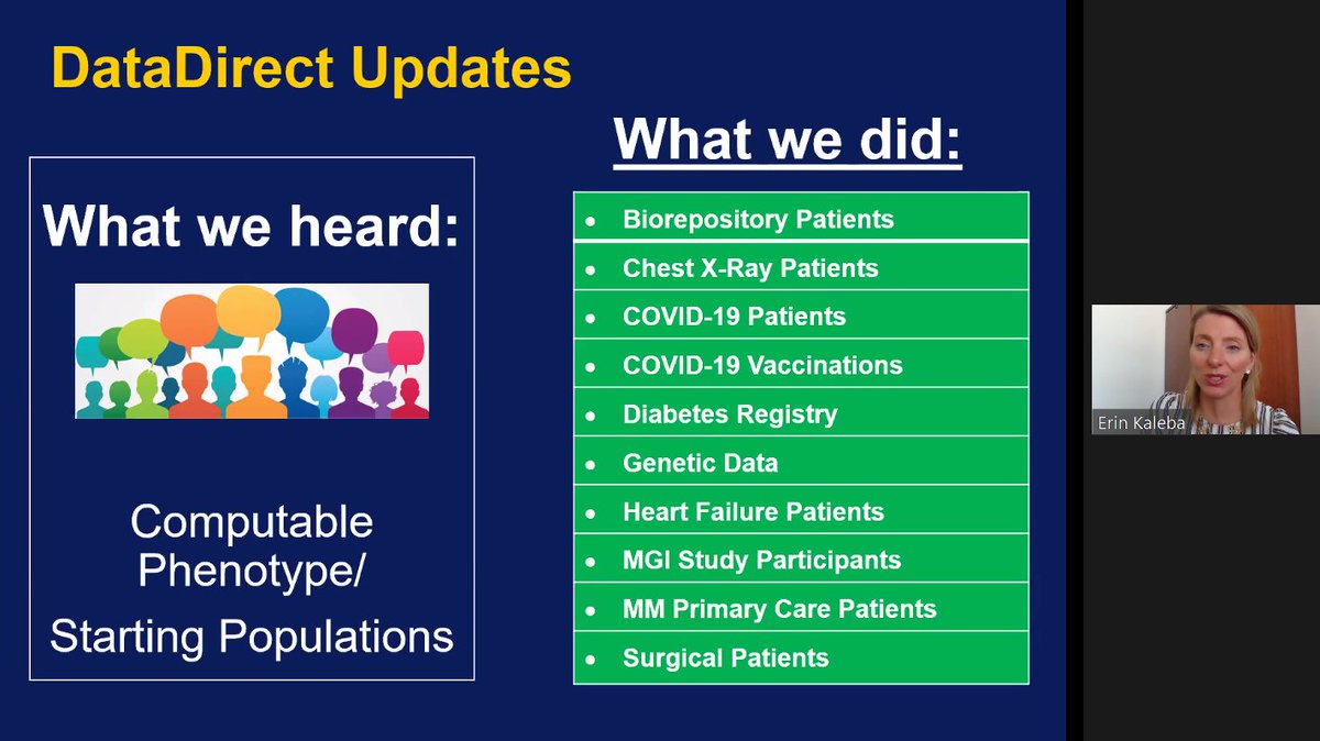 Michael__Mathis's tweet photo. Phenomenal @umichCVC #C3RG Seminar Series today from Erin Kaleba on enhancements to UMich #DataDirect: (1) Geolocation/SES, (2) computable phenotypes, (3) CV & pulm test results. On horizon: wearables, NLP of notes, claims data. Great work to come! #UMPrecisionHealth @UM_MICHR https://t.co/vAuRMpau1M