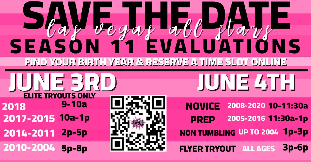 Save the date and join us for Season 11! ​
Link in our bio to reserve a spot at tryouts! 
#newteams #newlocation #newcomps​

🍬🍒🔮👠🎪🎭🎤💎👑⭐️🌹   #DECADEOFPINK #THINKPINKORKICKROCKS #PRETTIERINPINK #lva #lvaallday #thelvaway #lvacheer #vegascheer #lasvegascheer #lvaslays
