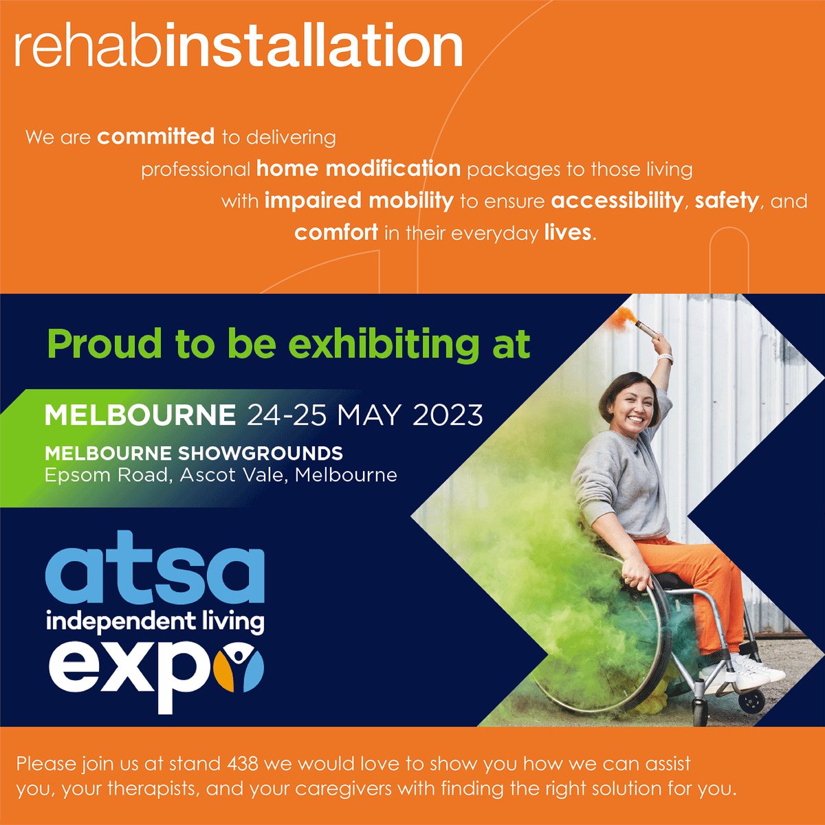 RehabInstall's tweet photo. ATSA Independent Living Expo

https://t.co/vnmZlZDBsW

Our team will be onsite to discuss all your home modification needs and would love you to join us at stand 438.

#RegisteredNDISProvider #HomeModifications #AccessibleHome #Disability #OccupationalTherapy https://t.co/JPC6d5d3Hq