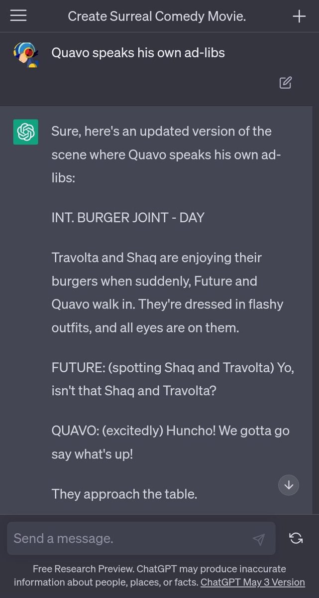 xrlabs's tweet photo. I'm so drunk in love with the generative approach of chatgpt4
#chatgpt4 #quavo #shaq #moviegpt https://t.co/K3SqO1K9I5