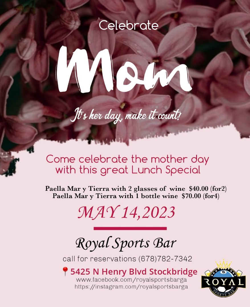 RoyalSportsBar_'s tweet photo. Treat Mom like royalty! Join us for a special lunch featuring our Paella Mar y Tierra with 2 glasses of wine for $40 (serves 2) or upgrade to a full bottle of wine and our $70 Paella ar y Tierra special (serves 4). 🌺🍷 #MothersDay #SpecialLunch #Paella https://t.co/rdL86fOkbl