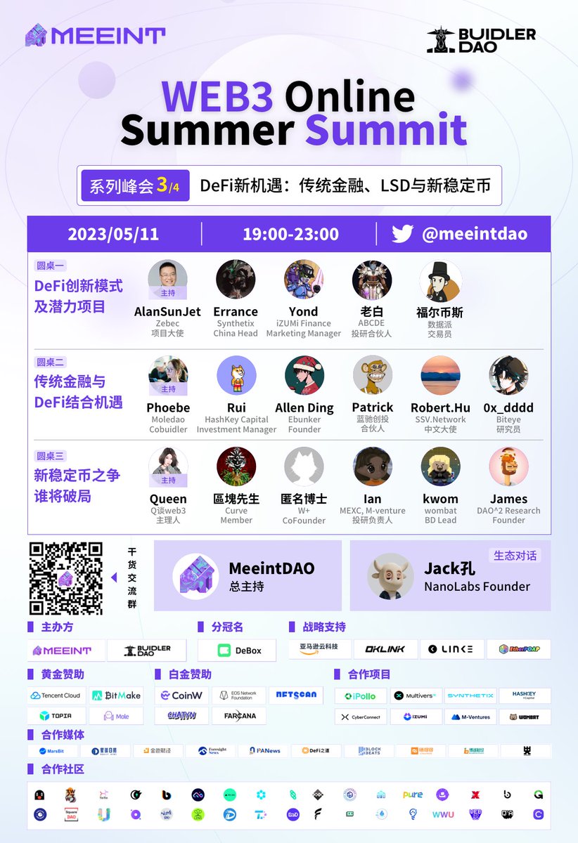 BuidlerDAO's tweet photo. Web3 Online Summer Summit 

👉MeeintDAO x BuidlerDAO 联合发起4场大型线上峰会，横跨 Infra、Metaverse、DeFi 等重要赛道，邀请各投资人、协议到应用层项目方、生态开发者等生态角色代表，共创生态繁荣 

🙋‍♀️主办：@meeintdao @BuidlerDAO

👉第三场Defi专题预约链接：https://t.co/8qY9ak6acy…

🙋‍♂️战略支持：@awscloud @OKlink_Explorer @link3to @EtherPOAP

🌟更多细节请看评论

👉MeeintDAO x BuidlerDAO jointly initiated 4 large-scale online summits, covering important tracks such as Infra, Metaverse and DeFi, and invited various investors and agreements to application layer project parties, eco-developers and other eco-role representatives to create ecological prosperity

🙋‍♀️ Hosted by @meeintdao @BuidlerDAO

👉 third Defi project booking link: https://t.co/8qY9ak6acy…

🙋‍♂️ Strategic support: @awscloud @OKlink_Explorer @link3to @EtherPOAP 

🌟Read more in the comments

#summersummit