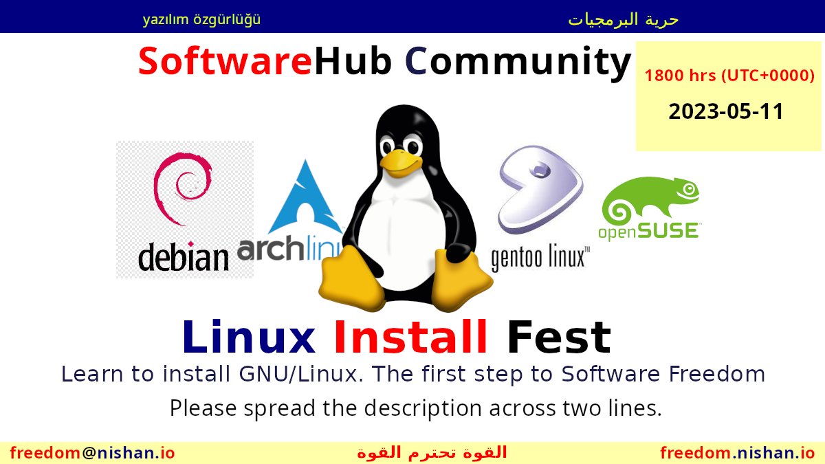 Linux Install Fest (Thu, 11th May)

RSVP #Cairo, #Maghreb
meetup.com/softwarehubcai…

RSVP #Ankara, #Bosnia, #Turkmen
meetup.com/softwarehub/ev…

RSVP #Riyadh, #Mashreq, #Iran
meetup.com/softwarehubriy…

#SoftwareHub
#SoftwareFreedom