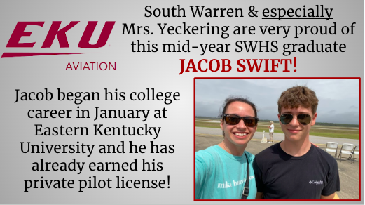 This Class of 2023 Senior got an early start at EKU in January!
<a href="/SouthWarrenHigh/">Jenny Hester</a> 
<a href="/SWHSGuidance/">SWHS Guidance</a> 
<a href="/EKUAdmissions/">EKU Admissions</a>
