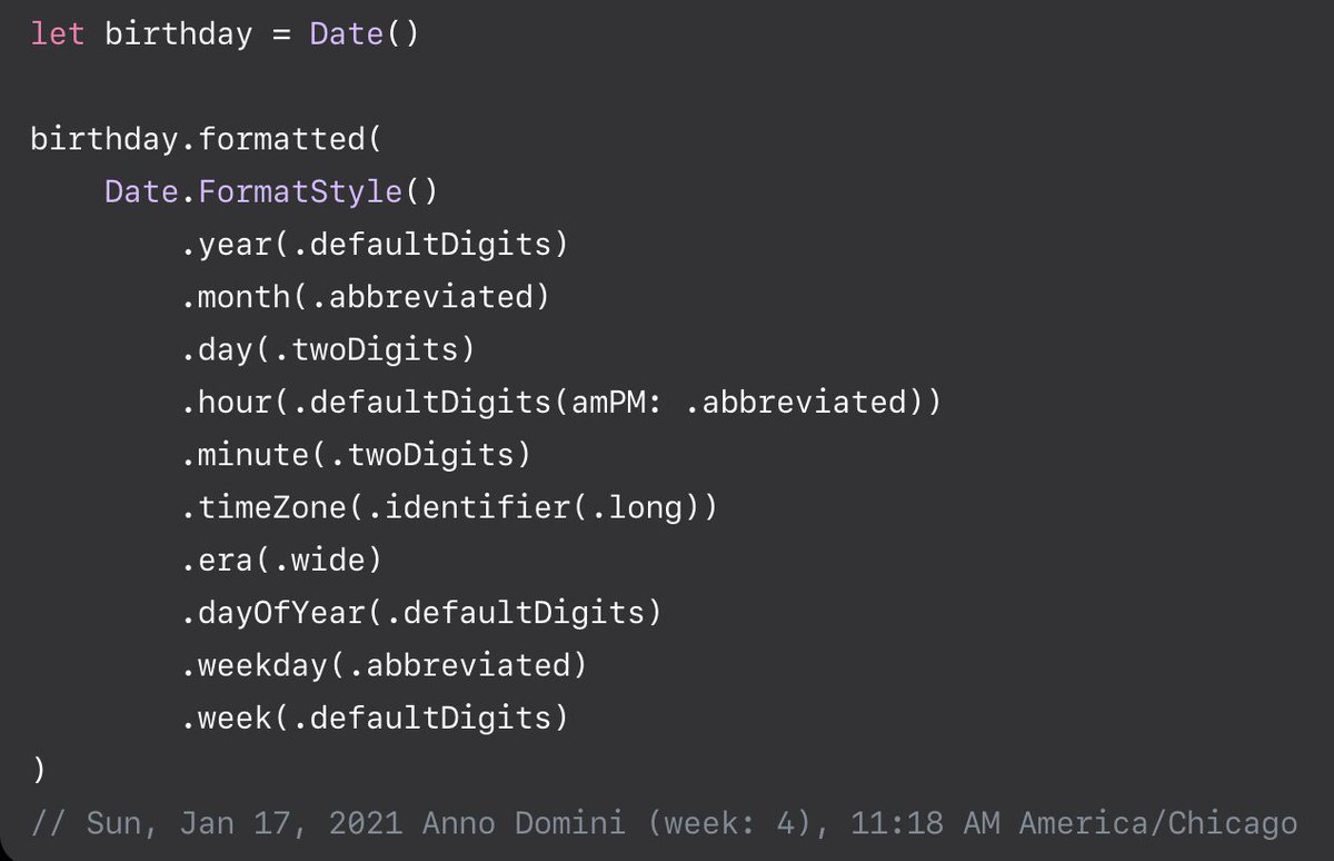 I only learned about the dynamic style for formatting dates today 🤓 This lets me define the style for each component while keeping the date localized, which is way cooler than using the plain old formatted style developer.apple.com/documentation/…