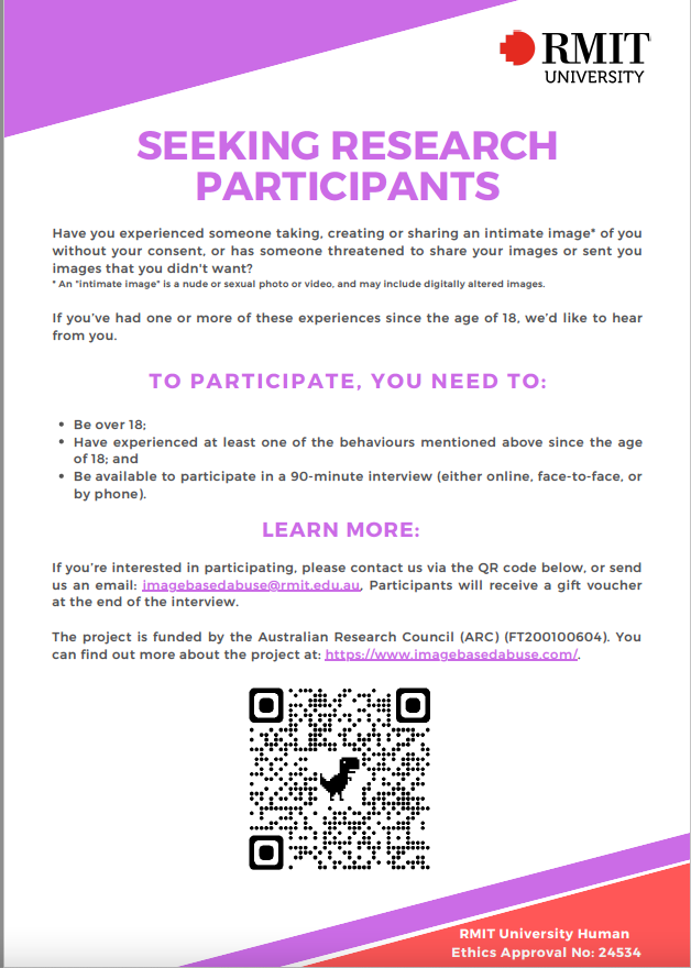 Nicola Henry (@n_henry) on Twitter photo We are doing online interviews with victim-survivors/lived experience experts (18+) on the topic of #imagebasedabuse - if you're interested, please get in touch: imagebasedabuse@rmit.edu.au - thanks 😀 We are doing online interviews with victim-survivors/lived experience experts (18+) on the topic of #imagebasedabuse - if you're interested, please get in touch: imagebasedabuse@rmit.edu.au - thanks 😀