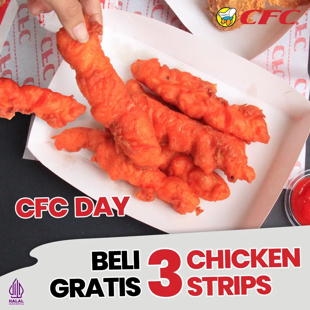 Promo yang ditunggu-tunggu tiap hari Rabu hadir kembali spesial untuk CFC Lovers. Yes!! CFC Day Beli 3 GRATIS 3 Chicken Strips. Jangan lewatkan kesempatan ini ya, segera ke gerai CFC terdekat atau order online lewat Gofood dan Grabfood.