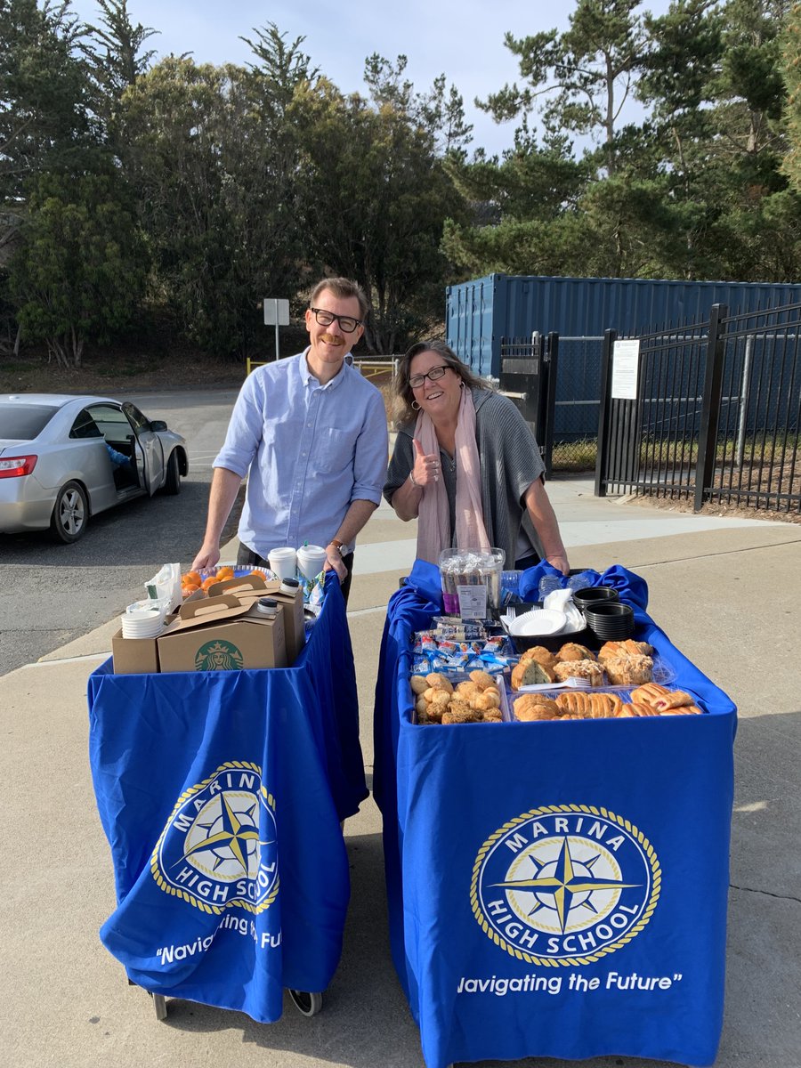 Marina High Principal Rebecca Tyson and Assistant Principal Kyle VanSant knows that #everypersonmatters and they went to every team member's workstation today to deliver coffee and pastries to celebrate Teacher Appreciation Week and Classified School Employee Week (coming up).
