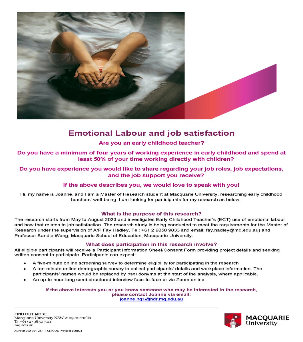 Participants are sought for a master's research study that investigates early childhood teachers' use of emotional labour and how that relates to job satisfaction. See the flyer for more details.