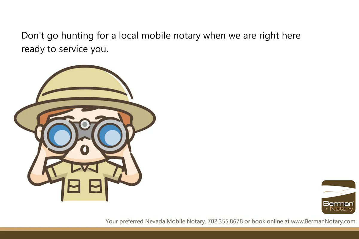 bermannotary's tweet photo. Don’t go hunting for a local notary when we are right here for you.
--- ---
https://t.co/6cpCYFoSFE
#BermanNotary #MobileNotary #NevadaNotary #VegasMobileNotary
#WeNotarize #GoToNotary #VotedBestNotary #NotaryPublic https://t.co/72lJpQ17uD