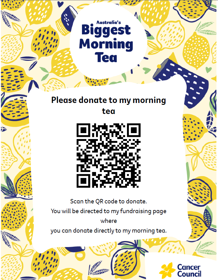 A big thanks to <a href="/AlyFarhannah/">Farhannah Aly</a> for organising our Biggest Morning Tea fundraiser and providing the tasty treats 😋🎂.  If you'd like to donate, please scan the QR code pictured🎗 <a href="/InghamInstitute/">Ingham Institute for Applied Medical Research</a>  #CancerCouncil #BiggestMorningTea #FightCancer #CancerResearch