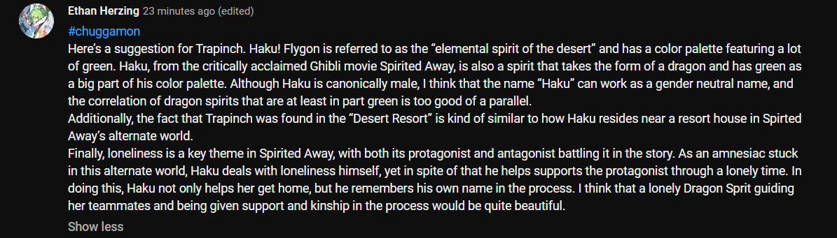 _VerdantWaters's tweet photo. #Chuggamon
Here's my submission for Trapinch's name: Haku! You can read the image below for my full reasoning but in short I think a lonely green dragon spirit from a resort bears a lot of similarities to Haku from Spirited Away, which is one of my favorite movies ever https://t.co/0VqjTn5YQh
