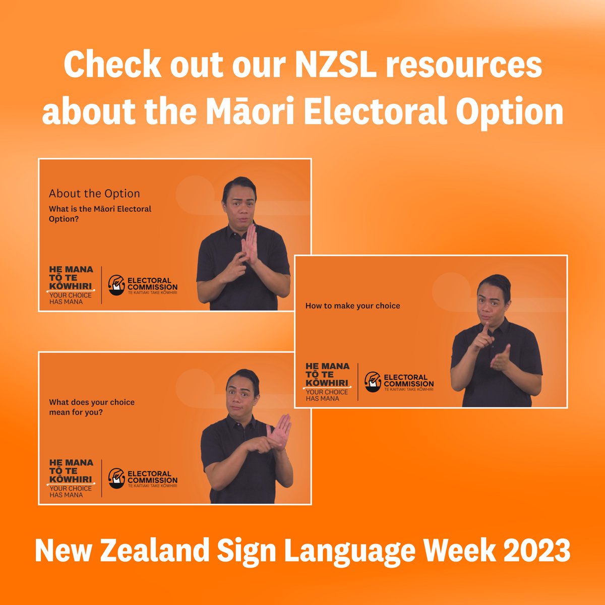 ElectoralCommNZ's tweet photo. 👋 It’s New Zealand Sign Language (NZSL) week! 👋 

New Zealand Sign Language is an official language of Aotearoa. 

Check out some of our NZSL resources about the Māori Electoral Option on our website here: https://t.co/77Y13pESV8

#NZSLWeek23 https://t.co/KWbCGL9GiM