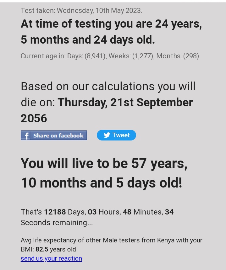 I've just found out the day I will die is Thursday, 21st September 2056 #health death-clock.org via <a href="/mydeathclock/">Death Clock</a> i got 33 years to Go.