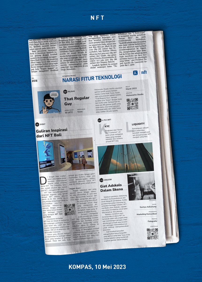 helmantaofani's tweet photo. GM,
On #newspaper today, #NFTarticle in @hariankompas is back after long Eid Holiday :) - today's edition featuring #NFTBali @collective_eth, glimpse on @MetaWorksStudio collection of #ThatRegularGuy, and @adskals as our creator highlight. Live long and prosper for the space 🖖 https://t.co/WQ7EKeWpWy