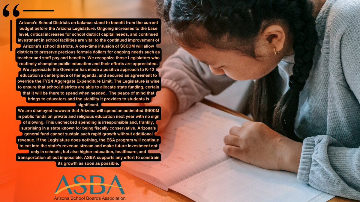 ASBA Gov Relations (@azsba_gr) on Twitter photo ASBA supports the K12 provisions of the FY24 budget agreement neogitated between the Legislature and <a href="/GovernorHobbs/">Governor Katie Hobbs</a>. However, the danger that ESAs pose to the state's fiscal future is real and cannot be ignored. They should be addressed at the earliest opportunity. ASBA supports the K12 provisions of the FY24 budget agreement neogitated between the Legislature and <a href="/GovernorHobbs/">Governor Katie Hobbs</a>. However, the danger that ESAs pose to the state's fiscal future is real and cannot be ignored. They should be addressed at the earliest opportunity.