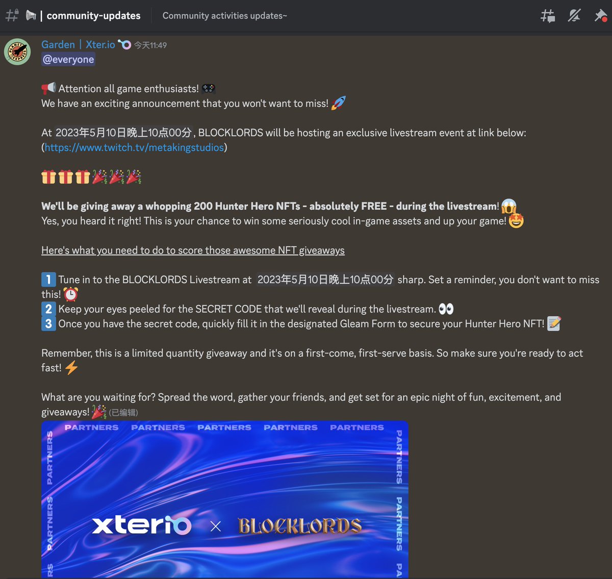 GWG_GameFi's tweet photo. @XterioGames 平台的中世纪策略游戏 @BLOCKLORDS 5月10日（今晚）10点在 Twitch 有直播，并有免费NFT空投活动！

🎁奖品：英雄NFT空投*200个，先到先得！

👇参与规则：
1、定好闹钟观看直播并注意公布的密码：https://t.co/gU0FZdS3h0
2、将密码填写到指定的Gleam表单获��猎人英雄NFT！

#GameFi #NFT https://t.co/9EwWLQFRXi