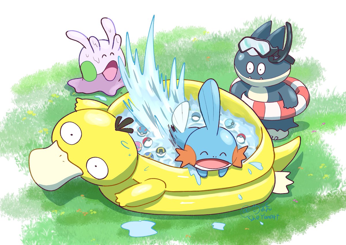mudkip pokemon (creature) no humans water goggles open mouth closed eyes grass  illustration images
