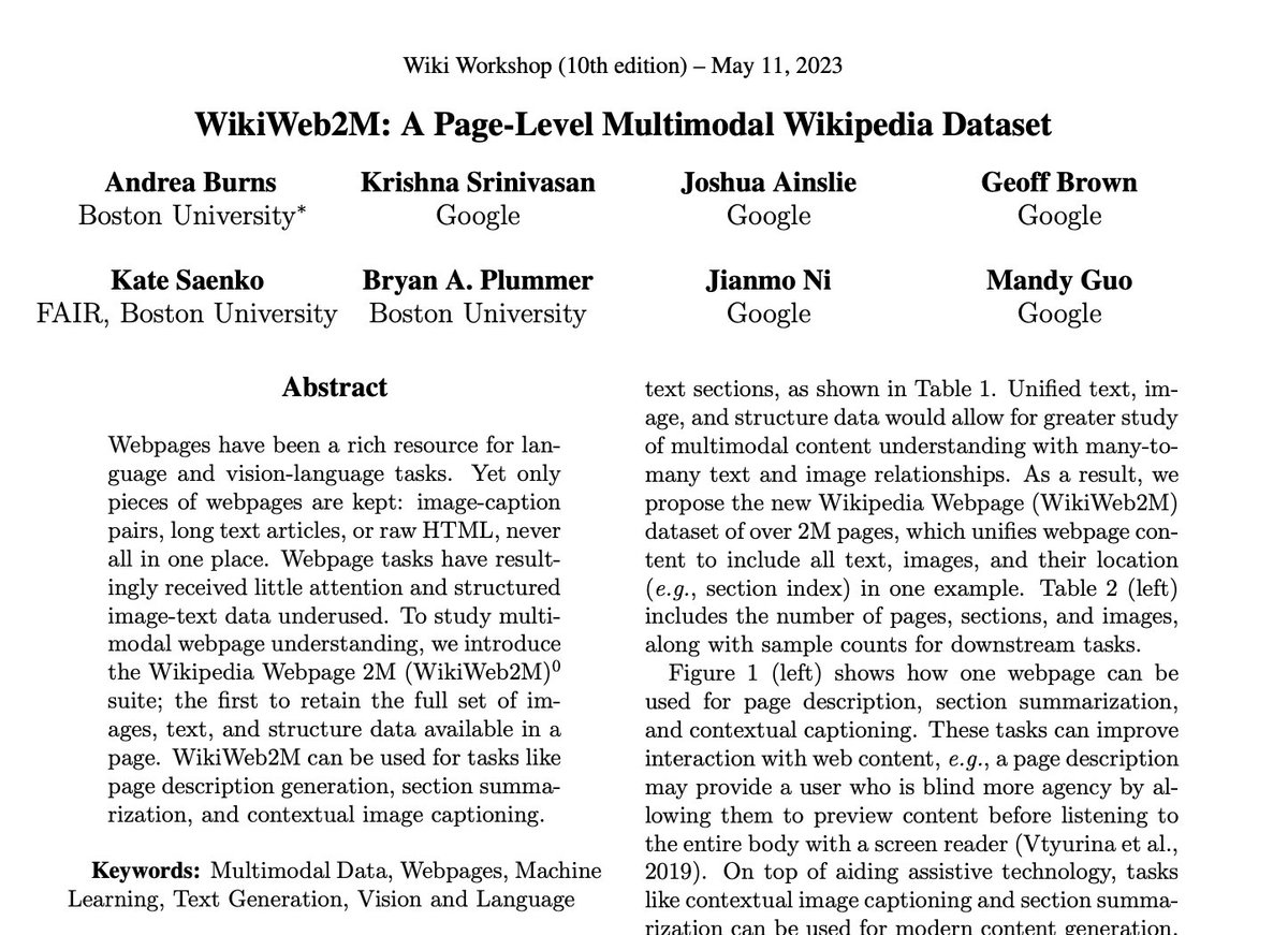 WikiWeb2M: A Page-Level Multimodal Wikipedia Dataset

abs: arxiv.org/abs/2305.05432 
paper page: huggingface.co/papers/2305.05… 
github: github.com/google-researc…