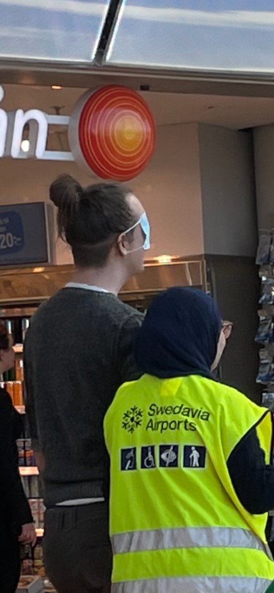 Yesterday at Arlanda my thoughts were:

- In Sweden, masking is a personal choice.
- Finally someone acts on the fact that SARS CoV-2 can spread through the ocular mucosa.
- I hope she is not escorting him to his car.