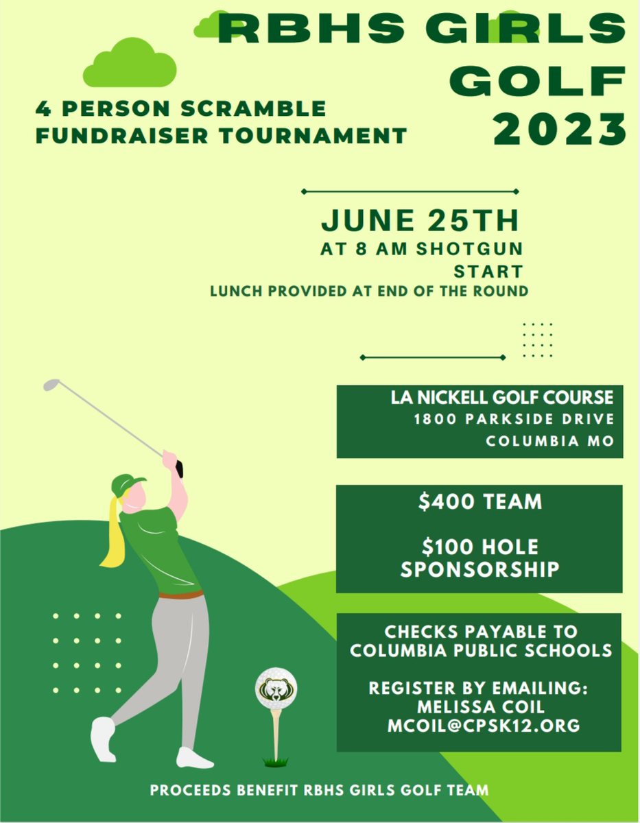 We are hosting the first ever 4 person scramble golf fundraiser tournament benefiting the Rock Bridge Girls Golf Team. We are looking for teams and hole sponsors to help benefit our team! Grab your friends and help support RB Girls Golf, we would love to see you there!