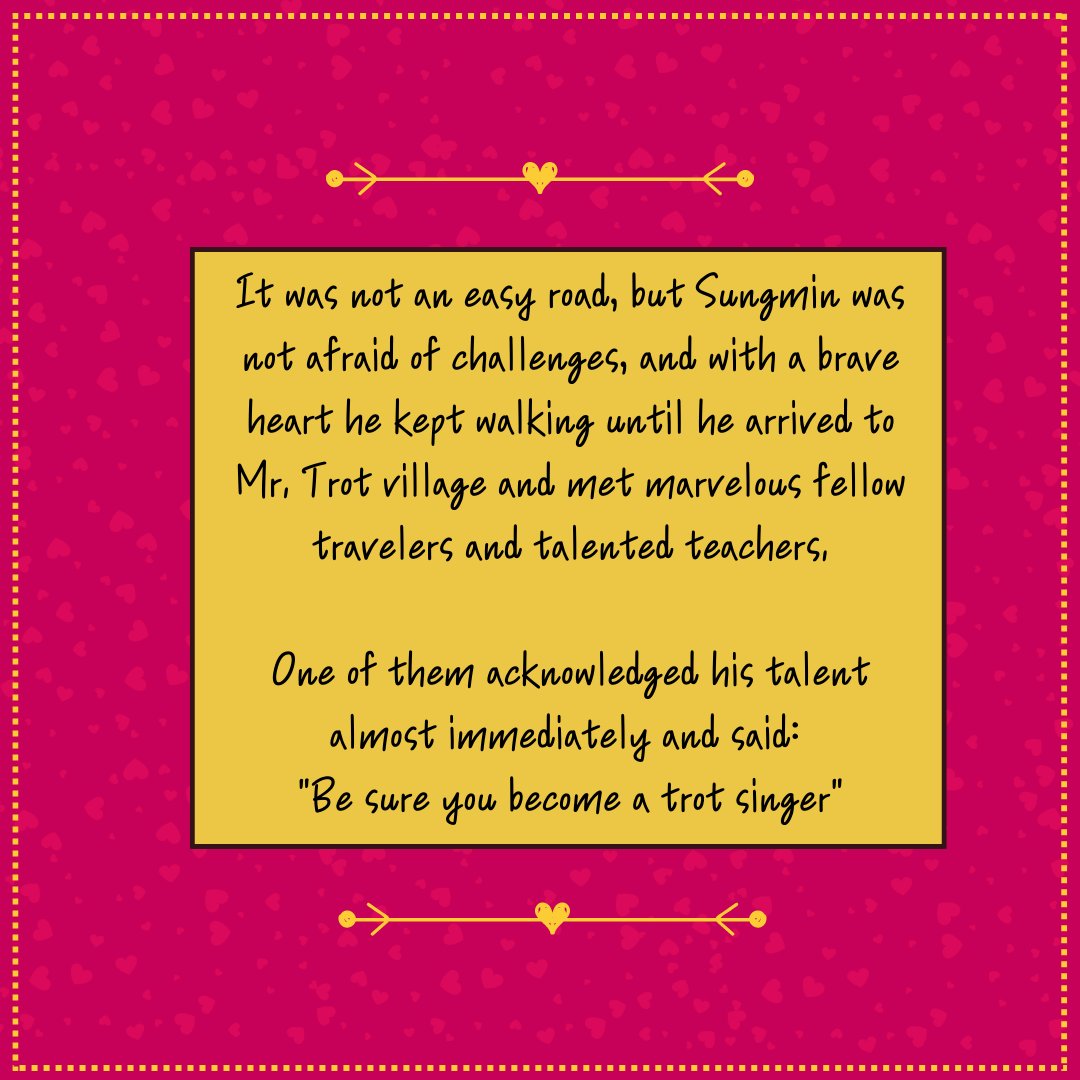 ❝𝐓𝐫𝐨𝐭 𝐒𝐢𝐧𝐠𝐞𝐫 𝐒𝐮𝐧𝐠𝐦𝐢𝐧: 𝐀 𝐒𝐡𝐨𝐫𝐭 𝐓𝐚𝐥𝐞❞

𝐂𝐡𝐚𝐩𝐭𝐞𝐫 𝟑: 𝐓𝐡𝐞 𝐛𝐢𝐫𝐭𝐡 𝐨𝐟 𝐚 𝐛𝐫𝐚𝐯𝐞 𝐬𝐞𝐞𝐝.
 
4 hours to go till #SUNGMIN_TTAKKUM! 
Let's Trot with SUNGMIN!  
#트로트새싹성민_꽃길만걸어요 
#사랑이따끔