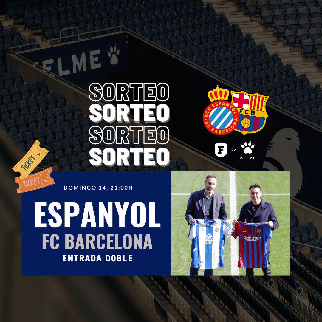 Fútbol Factory (@futbolfactory) on Twitter photo SORTEAMOS 2️⃣ entradas para el @rcdespanyol 🆚 @fcbarcelona de este domingo 14 de mayo de la mano de #Kelme 🙌🏻
👉🏻 Requisitos:
1️⃣ Sigue a <a href="/futbolfactory/">Fútbol Factory</a> y <a href="/Kelmesports/">KELME España</a>.
2️⃣ Dale RT y MG a la publicación.
3️⃣ Mencion a un amigo con el que irías a ver el partido.
PARTICIPA 😉 SORTEAMOS 2️⃣ entradas para el @rcdespanyol 🆚 @fcbarcelona de este domingo 14 de mayo de la mano de #Kelme 🙌🏻
👉🏻 Requisitos:
1️⃣ Sigue a <a href="/futbolfactory/">Fútbol Factory</a> y <a href="/Kelmesports/">KELME España</a>.
2️⃣ Dale RT y MG a la publicación.
3️⃣ Mencion a un amigo con el que irías a ver el partido.
PARTICIPA 😉