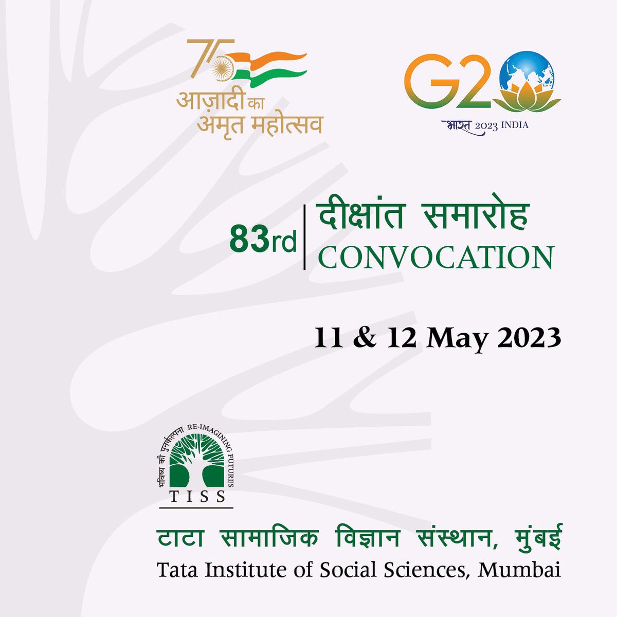TISSpeak's tweet photo. #Thread 
The 83rd Annual Convocation of TISS will be held over 3 sessions on 11 &amp; 12 May 2023 where 970 students and scholars will receive their Bachelor’s, Master’s, M.Phil. and Ph.D. Degrees.

#TISS #TataInstituteOfSocialSciences #Convocation2023 #TISSConvocation2023 https://t.co/bh3XYkL3pf