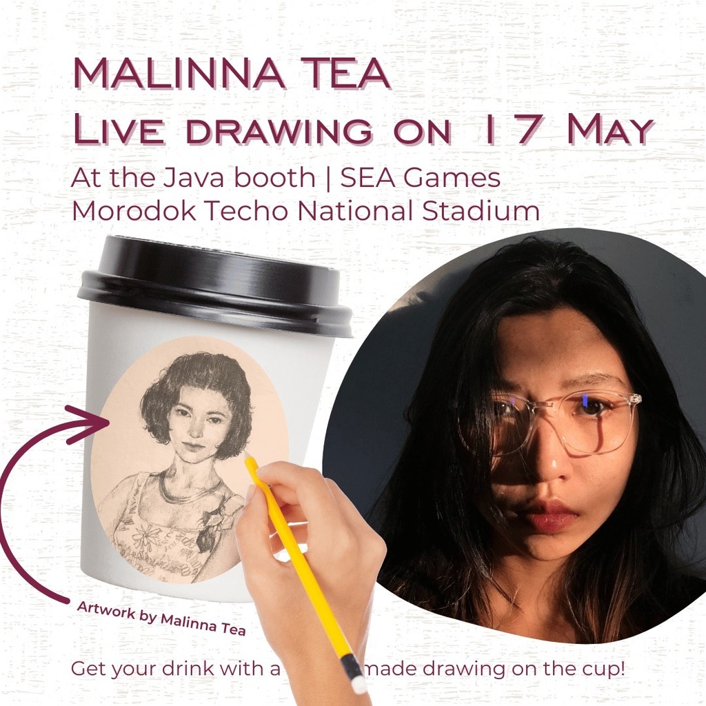 JavaCreativeCaf's tweet photo. We are excited to welcome Malinna Tea to our booth at the #SEAGames2023 as a guest artist to make live drawings on our cups!

A little change of plans, Malinna will be doing the live drawing on the closing day 17 May 2023. 

Discover more about Malinna h… https://t.co/keasB0x6A3 https://t.co/Hz5Zkz3U6x