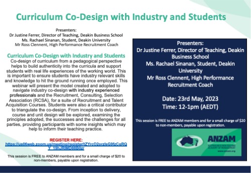 ANZAM PD session - 23rd May - 12-1pm AEDT

Curriculum Co-Design with Industry and Students

This session is free to ANZAM members or for a small administrative charge of $20 to non-members billable upon registration.

REGISTER HERE:
lnkd.in/gq5hYhS3