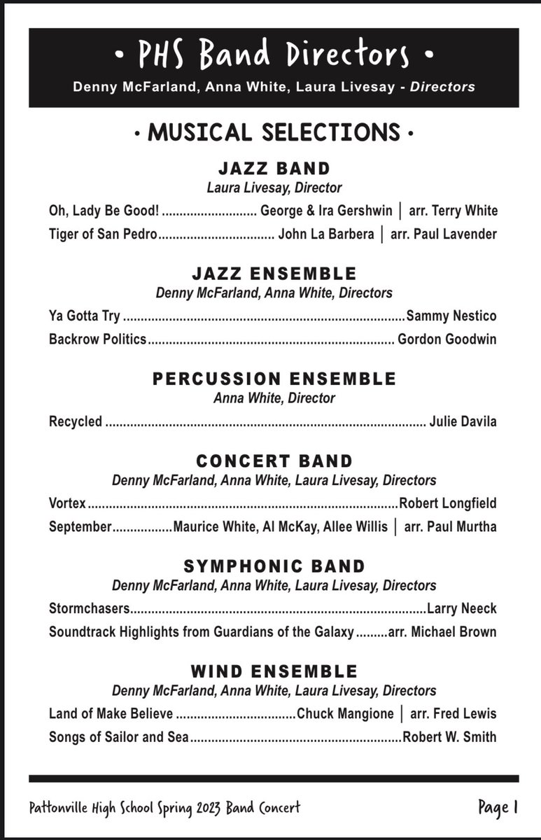 PattonvilleBand's tweet photo. @LindberghBand Thanks! We had such a fun night making music together for the last time with these sets of personnel! Spring Concert is always a little bittersweet! Here’s our set list. Congrats Lindbergh Seniors! https://t.co/YHewwLysDO