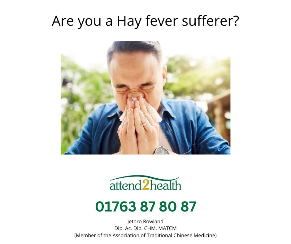 Attend2Health's tweet image. Are you a Hayfever sufferer?  See if our Acupuncturist could help.  Book a free chat to find out more.  Call 01763 87 80 87.  #hayfeverhelp #acupuncture #relievehayfever