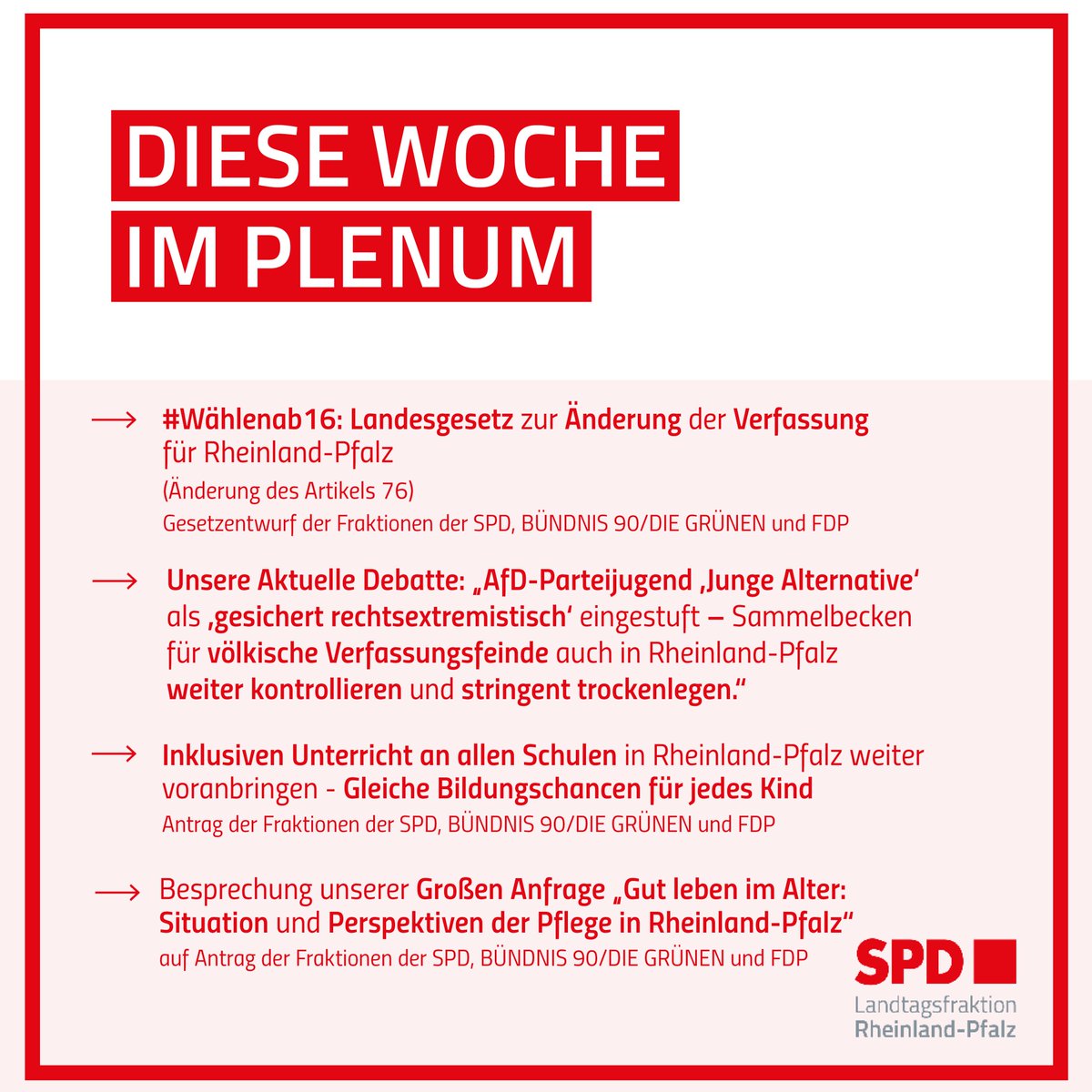 SPDFraktionRLP's tweet photo. ⏰ Um 14 Uhr startet der @ltrlp in drei Plenumstage
💬Wir diskutieren u.a. über das #Demokratieland #RLP
🌱Wir wollen #KIPKI verabschieden - 250 Mio für #Klimaschutz und #Innovation in #Kommunen
📺Seid dabei unter https://t.co/MrqoODIyoJ
⬇️Weitere wichtige Themen hier⬇️ https://t.co/kiuF6j6dKg