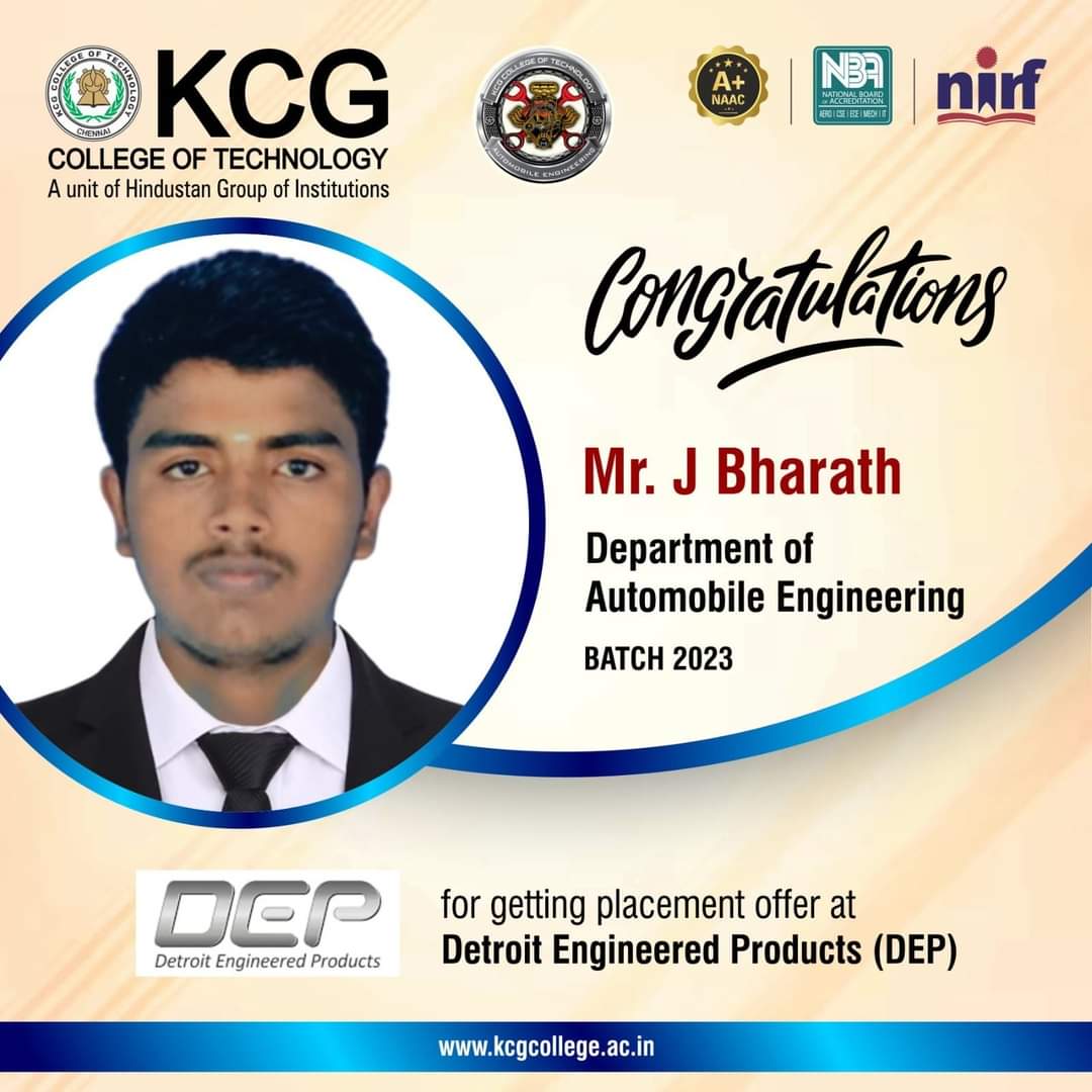 KCGtechnology's tweet photo. We would like to convey our heartiest congratulations and best wishes to Mr. J Barath from the Department of Automobile Engineering, batch of 2023 for securing placement at Detroit Engineered Products.
#KCGcollege #placementrecord #placementcell #placements #campusplacement https://t.co/kW6gaYeuzp