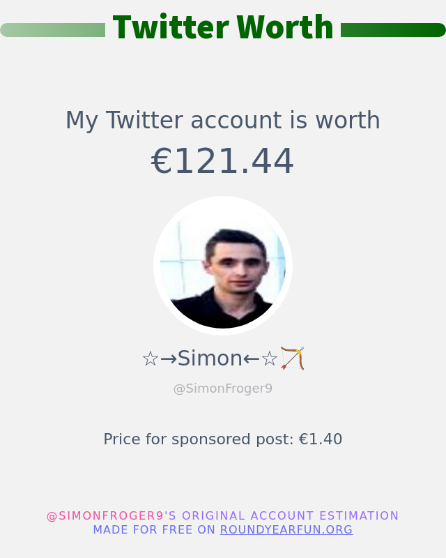 SimonFroger9's tweet photo. Mon twitter vaut: €121.44

➡️ https://t.co/MIDwGu8TDs https://t.co/p74PGPOzdZ