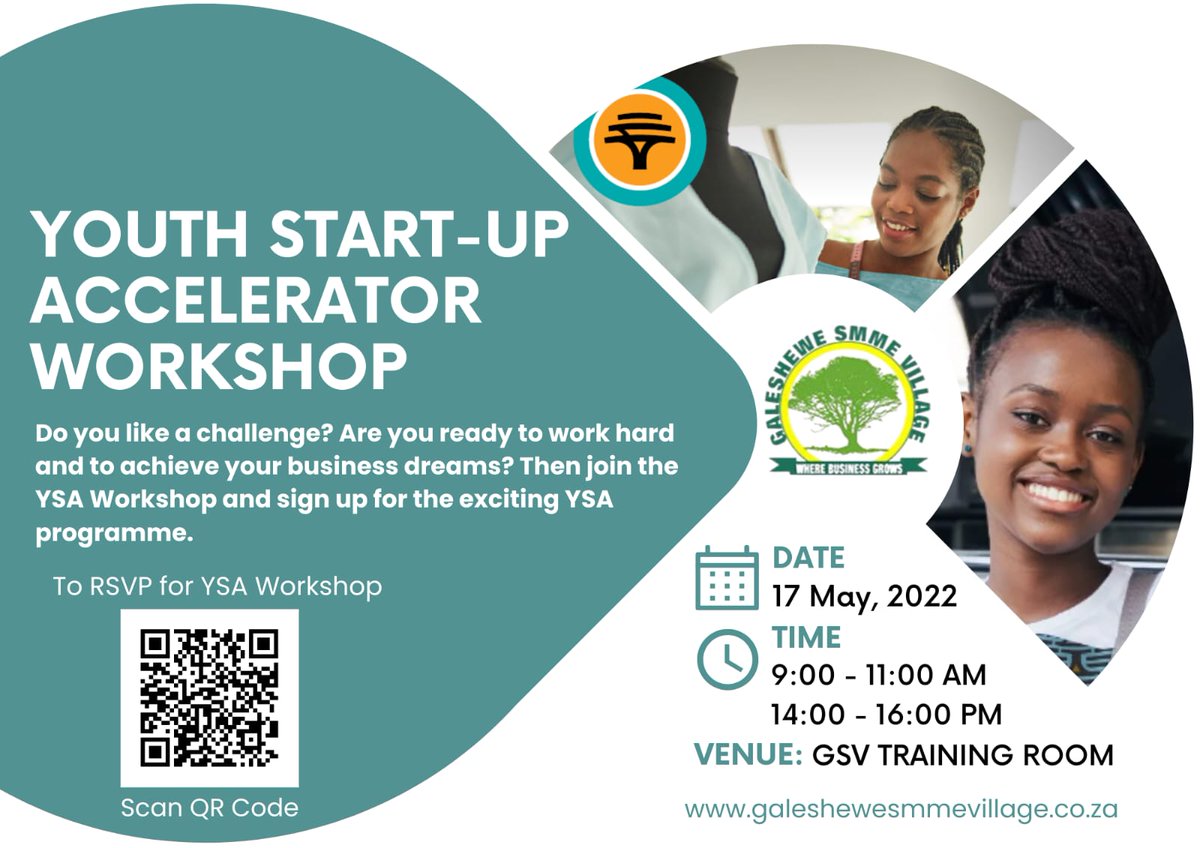 GalesheweSMME's tweet photo. Attention all young entrepreneurs. Are you ready to take your startup to the next level? Join us for our upcoming Youth Startup Accelerator Program Workshop! 💼💡 https://t.co/mXSPtFmtu1