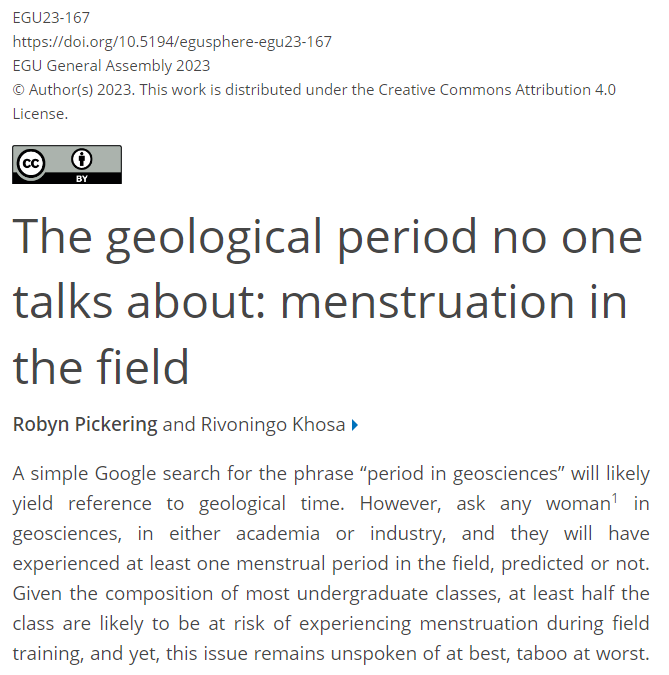 As a female geoscentist that has done a LOT of fieldwork, I cannot empahsize enough how much it frustates me, that people still consider this a taboo. Grow up, and be considerate of females, this is part of our biology. meetingorganizer.copernicus.org/EGU23/EGU23-16…