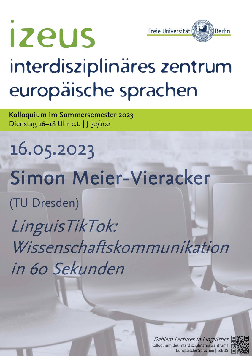 Linguistik, #WissKomm, #LingComm, #LinguisTikTok und TikTok. Über all das wird unser nächster Gast, Simon Meier-Vieracker (<a href="/fussballinguist/">Smoin Mieer-Vearecikr</a>), im Rahmen der #DahlemLecturesInLinguistics sprechen.

geisteswissenschaften.fu-berlin.de/izeus/veransta…

PS: Der Vortrag könnte länger als 60 Sekunden sein!