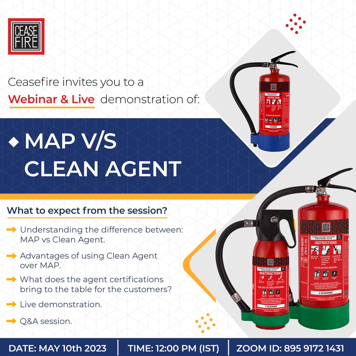 CeasefireIndia's tweet photo. Join us for a live webinar & Demonstration of the Ceasefire MAP vs Clean Agent, on 10th May 2023 at 12:00 PM, on our official Facebook page.
.
.
#firecontrols #fireprotection #firesafety #fireextinguisher #firefight #firesafety #webinar #MAPPowder #CleanAgent #Ceasefire #CeasefireIndia