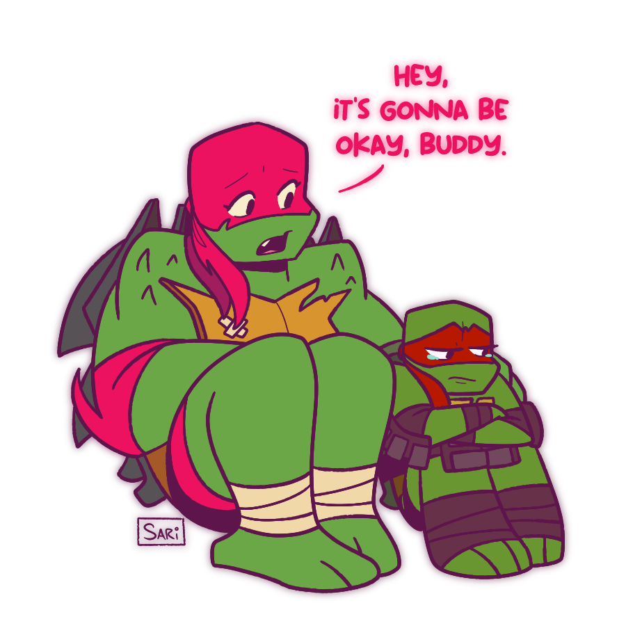 sariphantom's tweet photo. Again, I am genuinely sorry for what I say and did to 2012 Raph, and for using a term that hurt a lot of people. So, as an apology, here's a drawing of Rise Raph and 2012 Raph.
Again, I'm really sorry.
#tmnt2012 #2012raph #riseraph #rottmnt https://t.co/GHU2mSo7yY