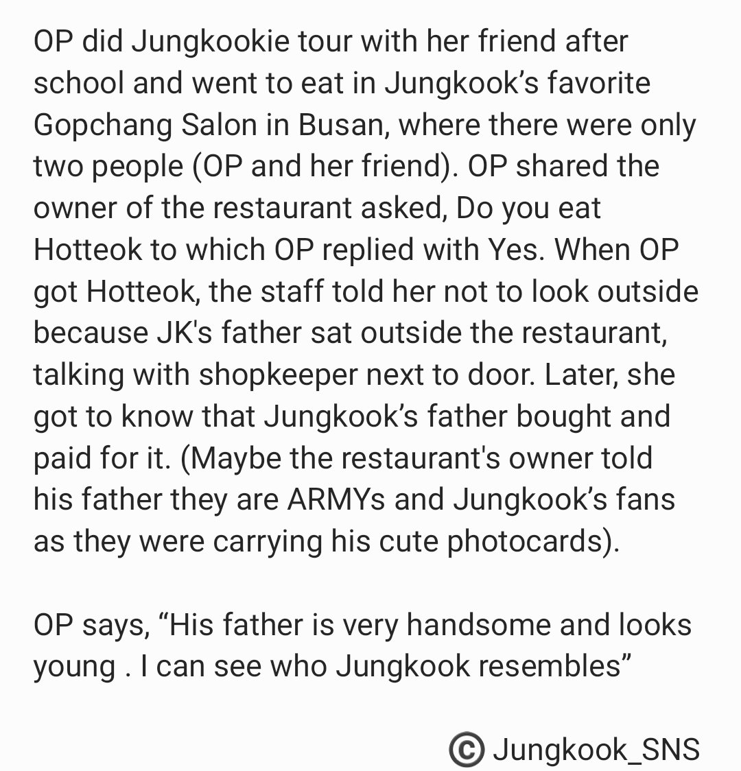 Jungkook_SNS's tweet photo. [TRANSLATION] OP did Jungkook tour with her friend after school and went to eat in Jungkook’s favorite Gopchang Salon in Busan. The restaurant's owner asked, Do you eat Hotteok to which OP said Yes. When OP got Hotteok, the staff told her not to look outside because JK's father + https://t.co/LVZH3UY5cK