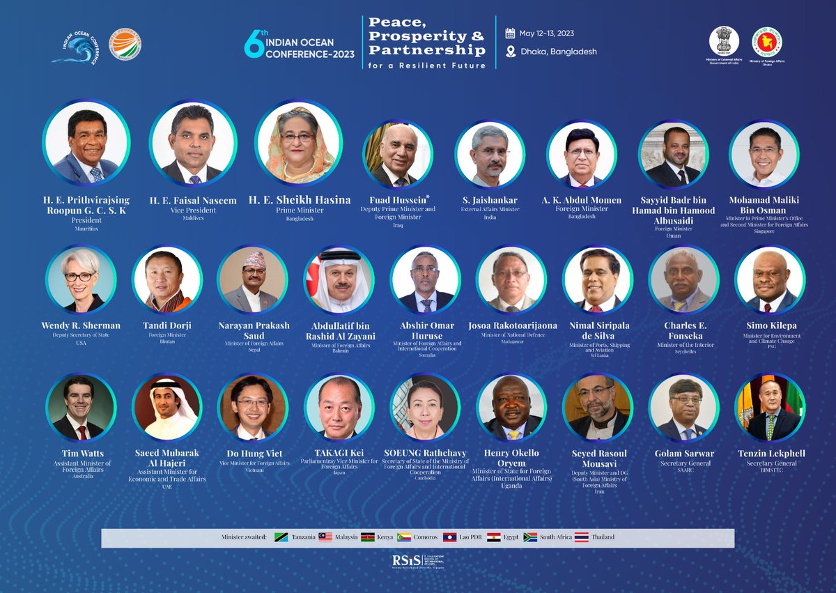 Will participate in the 6th Indian Ocean Conference - 2023 (IOC 2023) on May 12-13, 2023 in Dhaka, Bangladesh. The conference is being organized by @indfoundation in partnership with @MEAIndia, @BDMOFA and @RSIS_NTU. 

#IOC2023