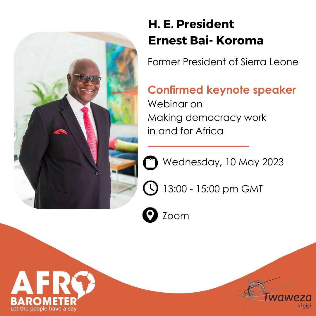 <a href="/opengovpart/">Open Gov Partnership</a> <a href="/ogpnigeria/">OGP Nigeria</a> <a href="/ogpkenya/">ogpkenya</a> <a href="/Twaweza_NiSisi/">Twaweza - ni sisi</a> <a href="/twaweza_uganda/">Twaweza Uganda</a> <a href="/MzalendoWatch/">Mzalendo</a> <a href="/mapacatrust/">mapacatrust</a> <a href="/ntakenya/">National Taxpayers Association</a> <a href="/article19org/">ARTICLE 19</a> <a href="/KenyasOmbudsman/">Ombudsman Kenya</a> <a href="/afrobarometer/">Afrobarometer</a> <a href="/ebklegacy/">Ernest Bai Koroma</a> <a href="/CRECOKenya/">CRECO Kenya</a> <a href="/UDPKenya/">UDPK</a> <a href="/TIKenya/">TI-Kenya</a> <a href="/OkoaUchumi_KE/">Okoa Uchumi</a> <a href="/MediaCouncilK/">Media Council of Kenya</a> <a href="/jchimhanzi/">Dr Jackie Chimhanzi</a> <a href="/kopalo/">Ken Opalo</a> <a href="/josiahwandera/">Josh</a> <a href="/Mo_IbrahimFdn/">Mo Ibrahim Foundation</a> <a href="/ldriafrica/">LDRI - Africa</a> <a href="/Farida_N/">Farida Bemba Nabourema</a> <a href="/joeasunka/">Joseph Asunka</a> <a href="/katibainstitute/">Katiba Institute</a> <a href="/beogneere/">BEOG NEERE</a> <a href="/georgetownsfs/">Georgetown SFS</a> 📢Today is the day!

Starting 4.00pm, we get to have a candid  conversation with <a href="/ebklegacy/">Ernest Bai Koroma</a>, Sierra Leone's former President on the state of #democracy and #OpenGov in #Africa. 

You want to be part of this!  

Your registration link > bit.ly/40IHA9h.  

#OpenGovWeek,