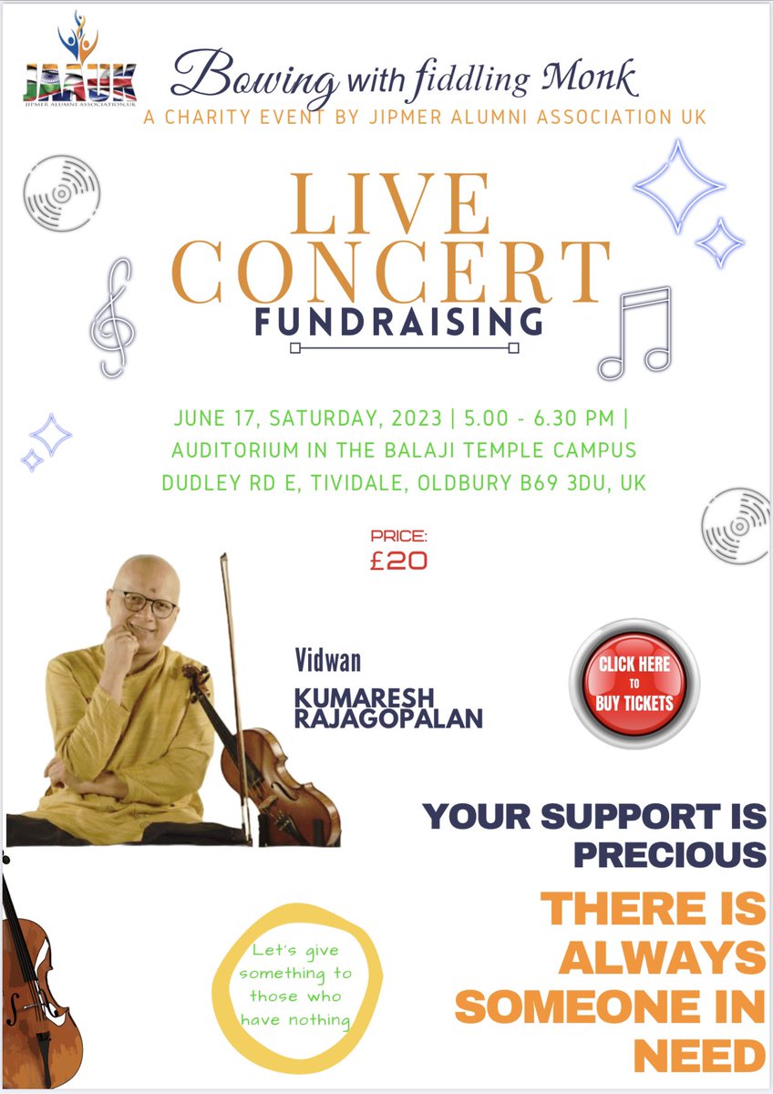 JAAUK is proud to present Shri Kumaresh and party in Carnatic Classical Concert.
 
Kumaresh, is an icon of Carnatic Music, Child Prodigy, Violin Virtuoso, Divine Composer, Lyricist, Music Director.
 
This year, we present his wonderful party in concert.  On 17th June , 5-7 PM