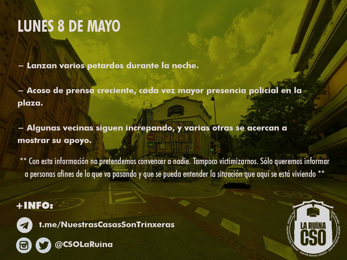 csolaruina's tweet photo. Anirem informant per Telegram dia a dia del que va passant durant la nit.
La nit del 9 de maig va ser prou tranquila tret d'alguns petards i amenaces a altes hores. https://t.co/UMXYUk9W1f